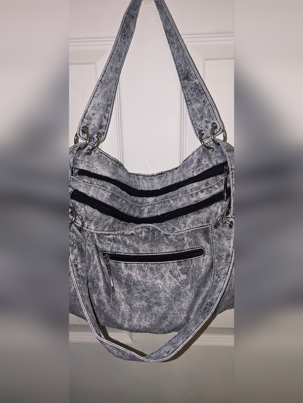 Gray, Black & White Acid Wash Style   Sequin-Embroidered Shoulder Bag - Picture 3 of 6